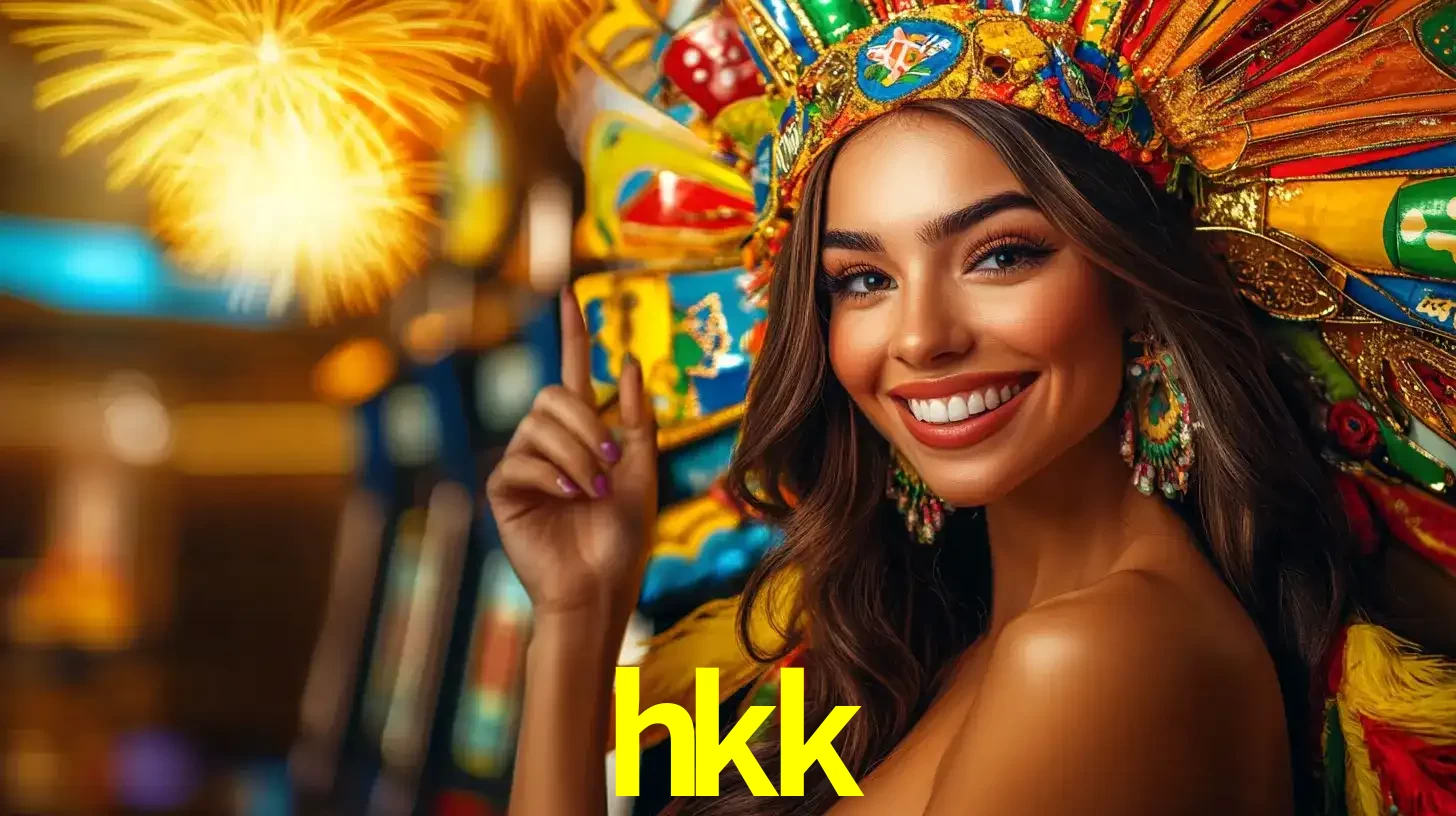 Mulher sorridente com um cocar de carnaval vibrante e colorido, celebrando uma grande vitória nos jogos do cassino hkk com fogos de artifício ao fundo.