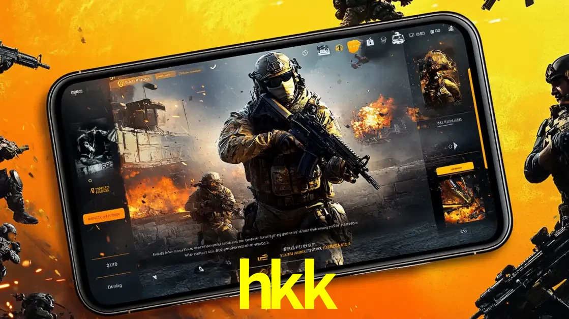 Um smartphone exibindo a interface de um jogo de tiro em primeira pessoa, com um soldado em um cenário de batalha, representando a ação dos e-sports para apostar no hkk.