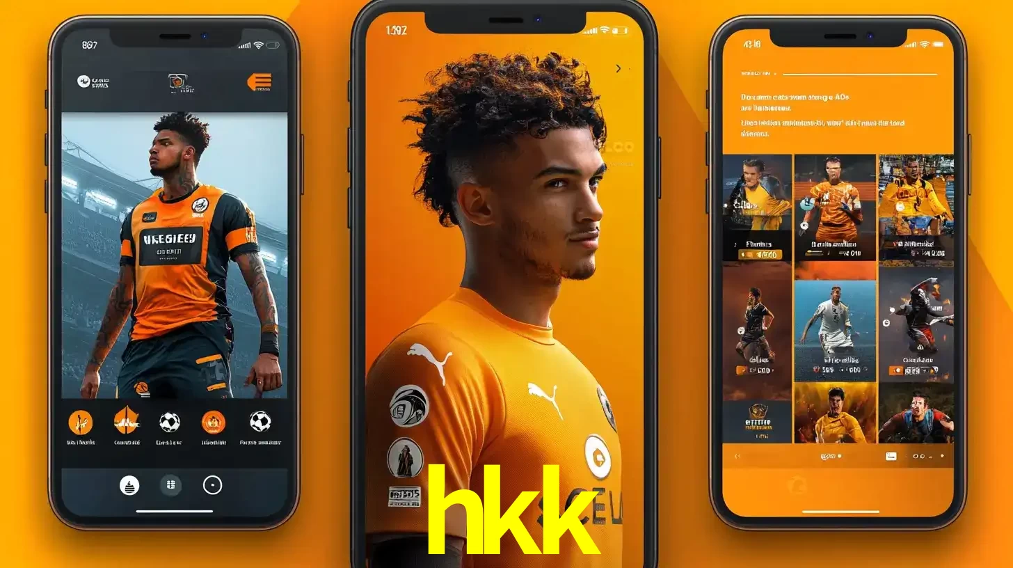Interface do aplicativo de apostas esportivas hkk em três telas de celular, mostrando o perfil de um jogador de futebol e a lista de jogos disponíveis para apostar.
