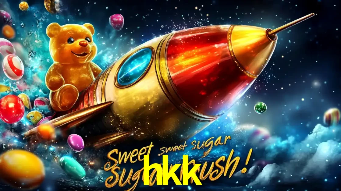 Arte promocional do jogo de slot Sugar Rush, com um urso de pelúcia em um foguete viajando pelo espaço de doces, um dos jogos divertidos disponíveis no cassino hkk.
