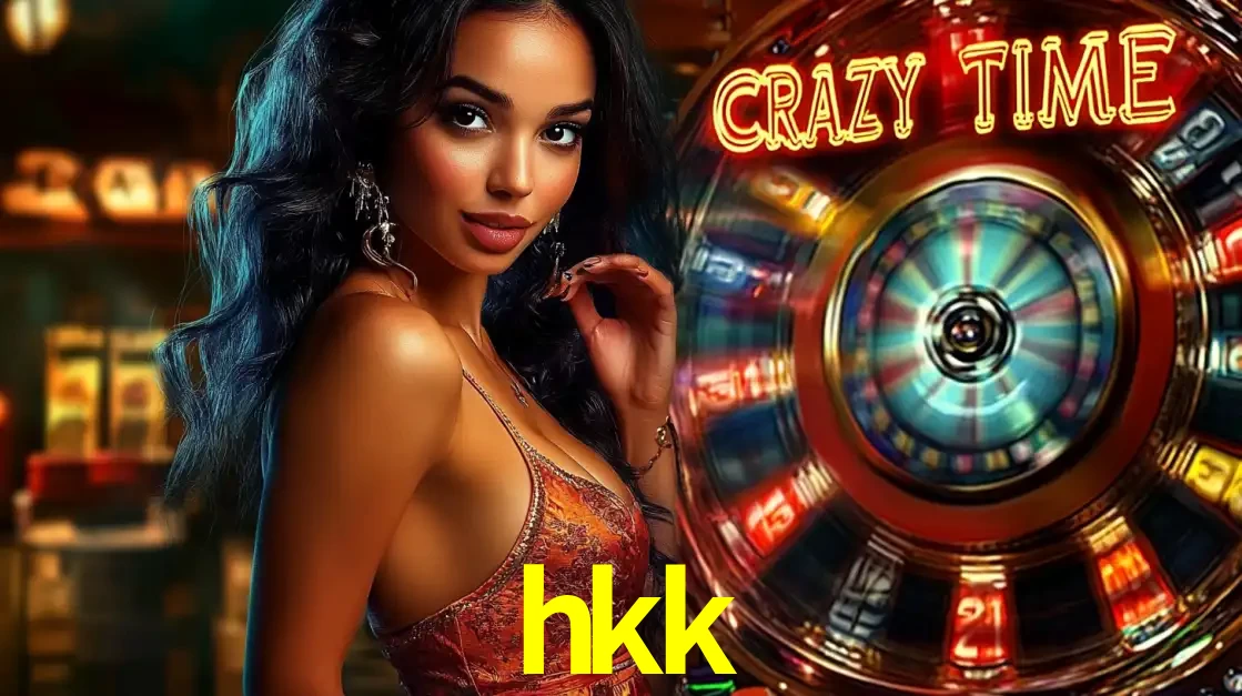 Mulher elegante ao lado da vibrante roda da fortuna do jogo de cassino ao vivo Crazy Time, um dos game shows mais populares e cheios de prêmios do hkk.