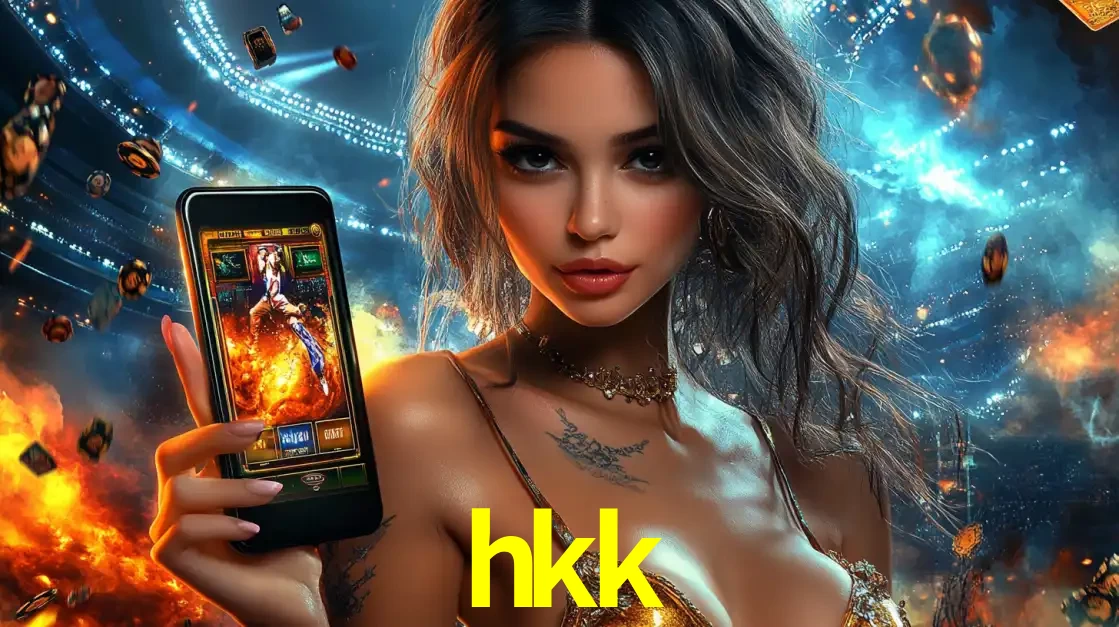 Mulher segurando um celular com um jogo de slot em destaque, tendo como fundo um estádio vibrante, simbolizando a emoção de jogar no cassino móvel hkk.