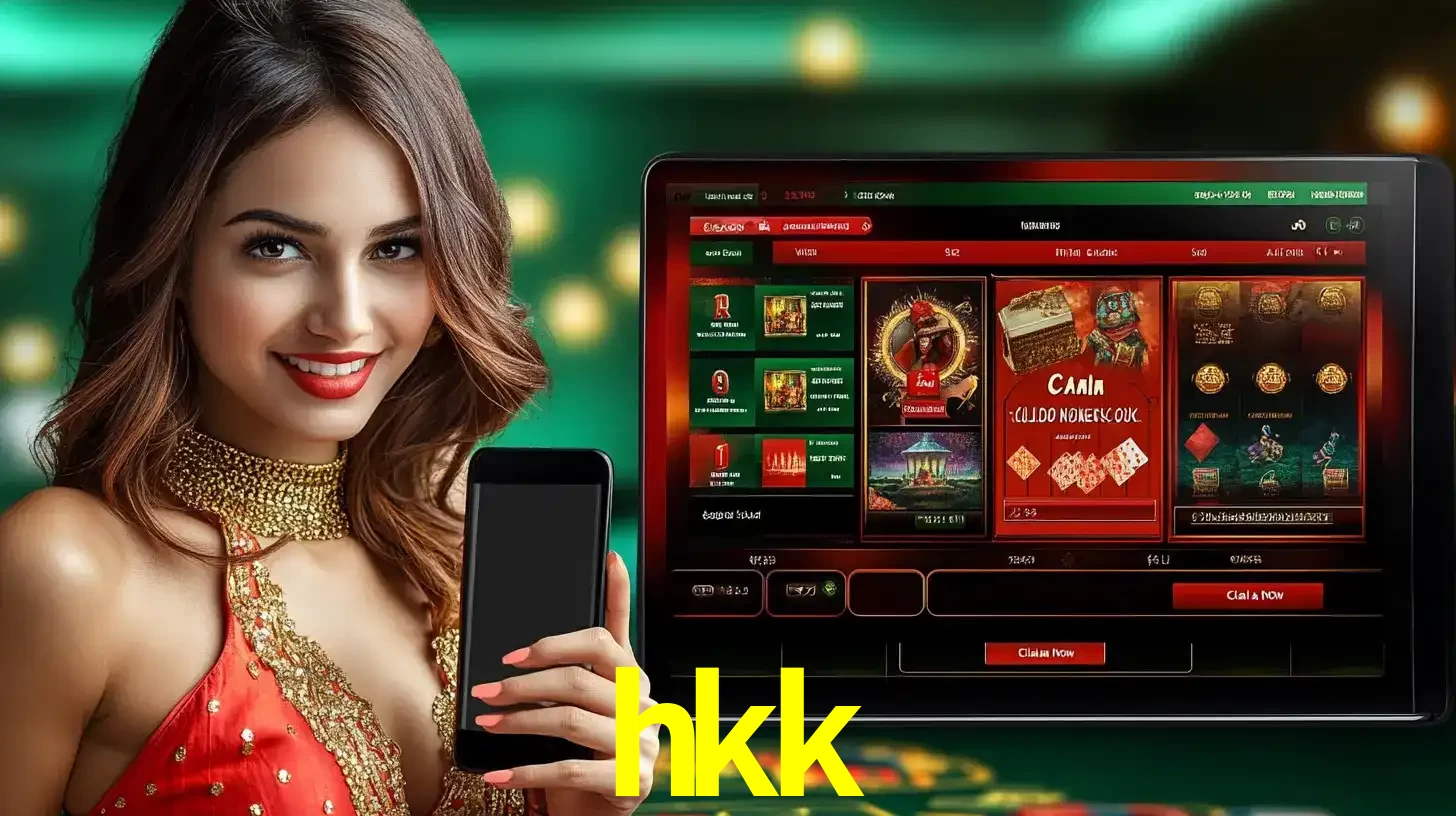 Mulher sorridente segurando um smartphone, ao lado de uma tela exibindo o lobby de jogos do cassino online hkk, com várias opções de jogos de cartas e slots.